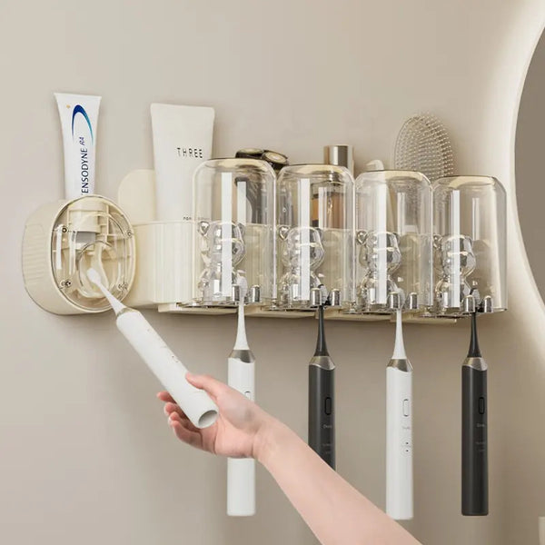Toothpaste Dispenser, Rolling Squeezer Kit, and Toothbrush Holder Set Sustainable Plastic, Wall Mounted Stylish and Functional