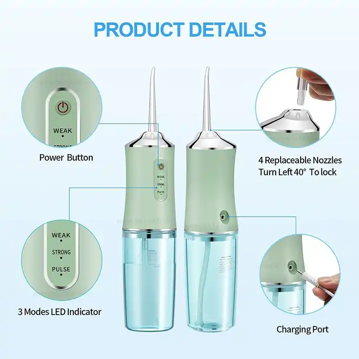H2O Dental Water Flosser – Portable Oral Irrigator with 5 Modes, 6 Jet Tips, Rechargeable & Waterproof Teeth Cleaner for Home and Travel - 300ml Reservoir (HF-6) Ideal for Effective Dental Care