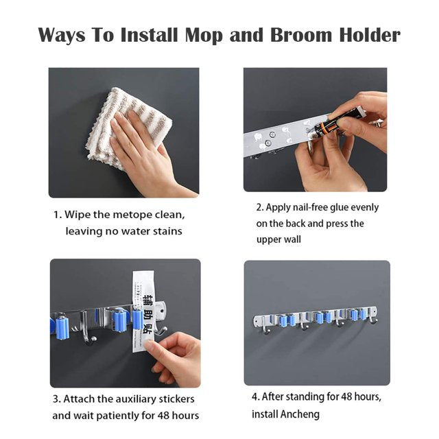 Mop and Broom Holder Wall Mount Heavy Duty Broom Holder Wall Mounted or Tool Organizer for Home Garden Garage and Storage-Gray