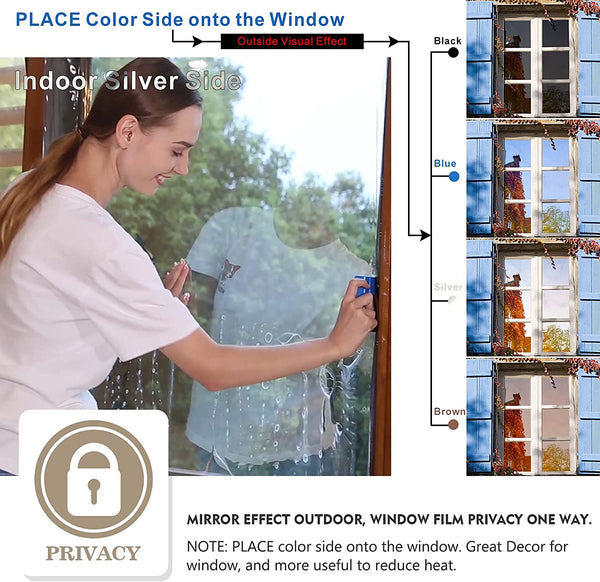 One Way Mirror Window Privacy Film Daytime Anti UV Sun Blocking Heat Control Reflective Window Tint for Home Office Living Room