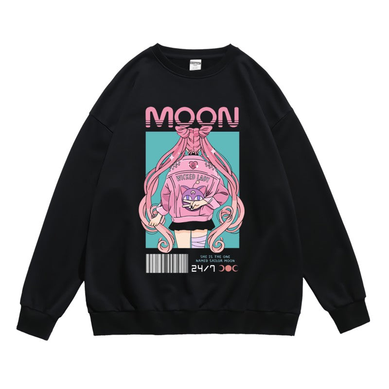 Man and Woman Cartoon Printed round Neck Pullover Spring and Autumn Animation