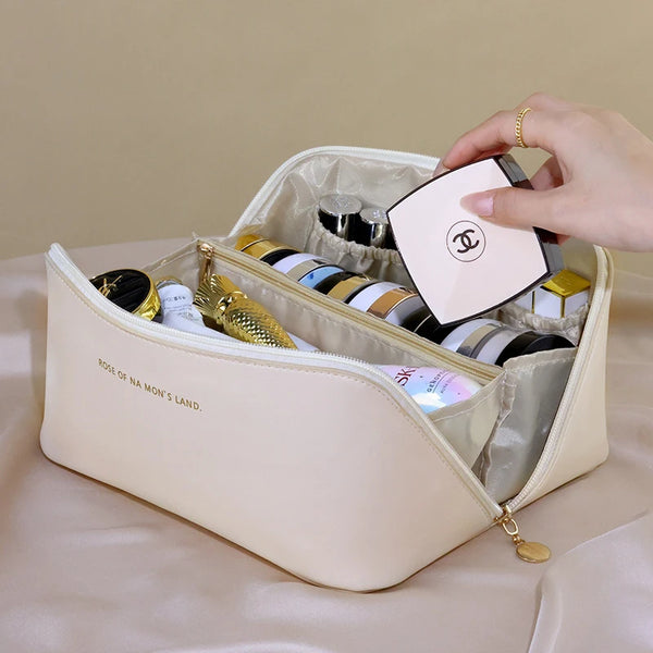 Leather Large Capacity Travel Cosmetic Bag - Portable Makeup Case for Women