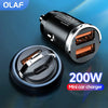 200W Dual USB Ports C Fast Charging In Car For Xiaomi Samsung Huawei iPhone Charger