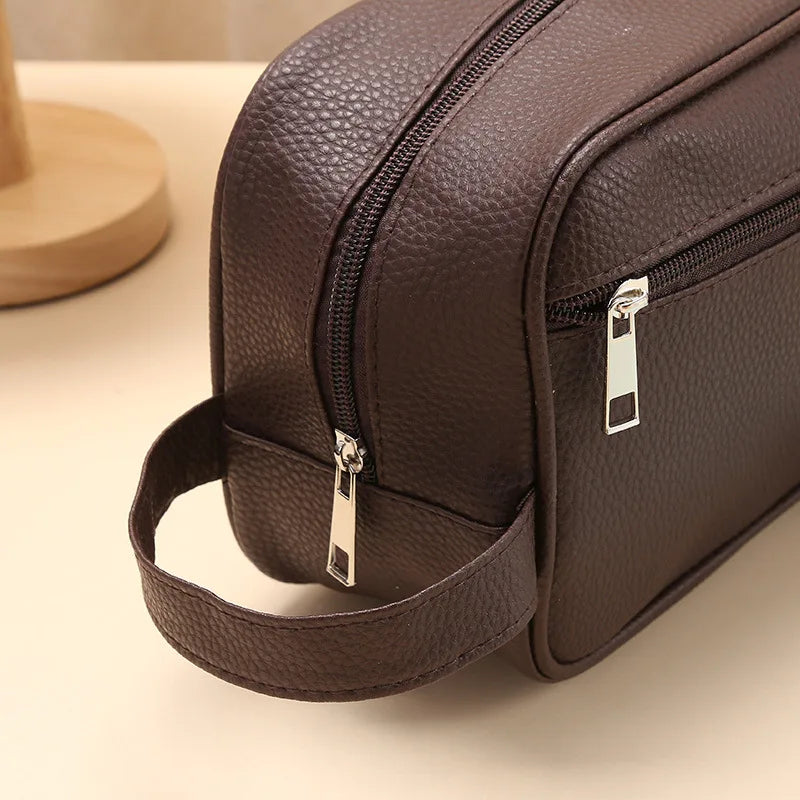 Men's Large Capacity Travel Cosmetic Bag: Stylish PU Leather Makeup Organizer for Toiletries.