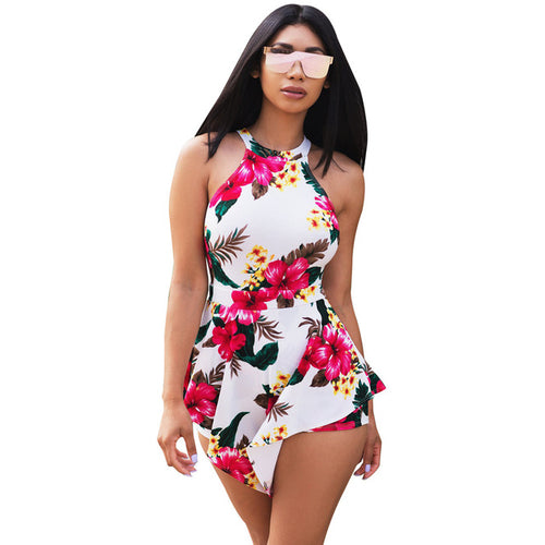 New Floral Printed Ruffle Rompers Women Asymmetrical Sleeveless