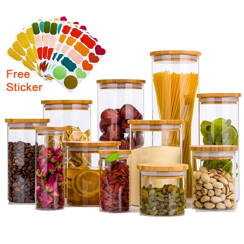 Kitchen Food Storage Transparent Glass Jars with Bamboo Cover Sealed Cans Bottles Spice Jars Candy Box Kitchen Storage Can