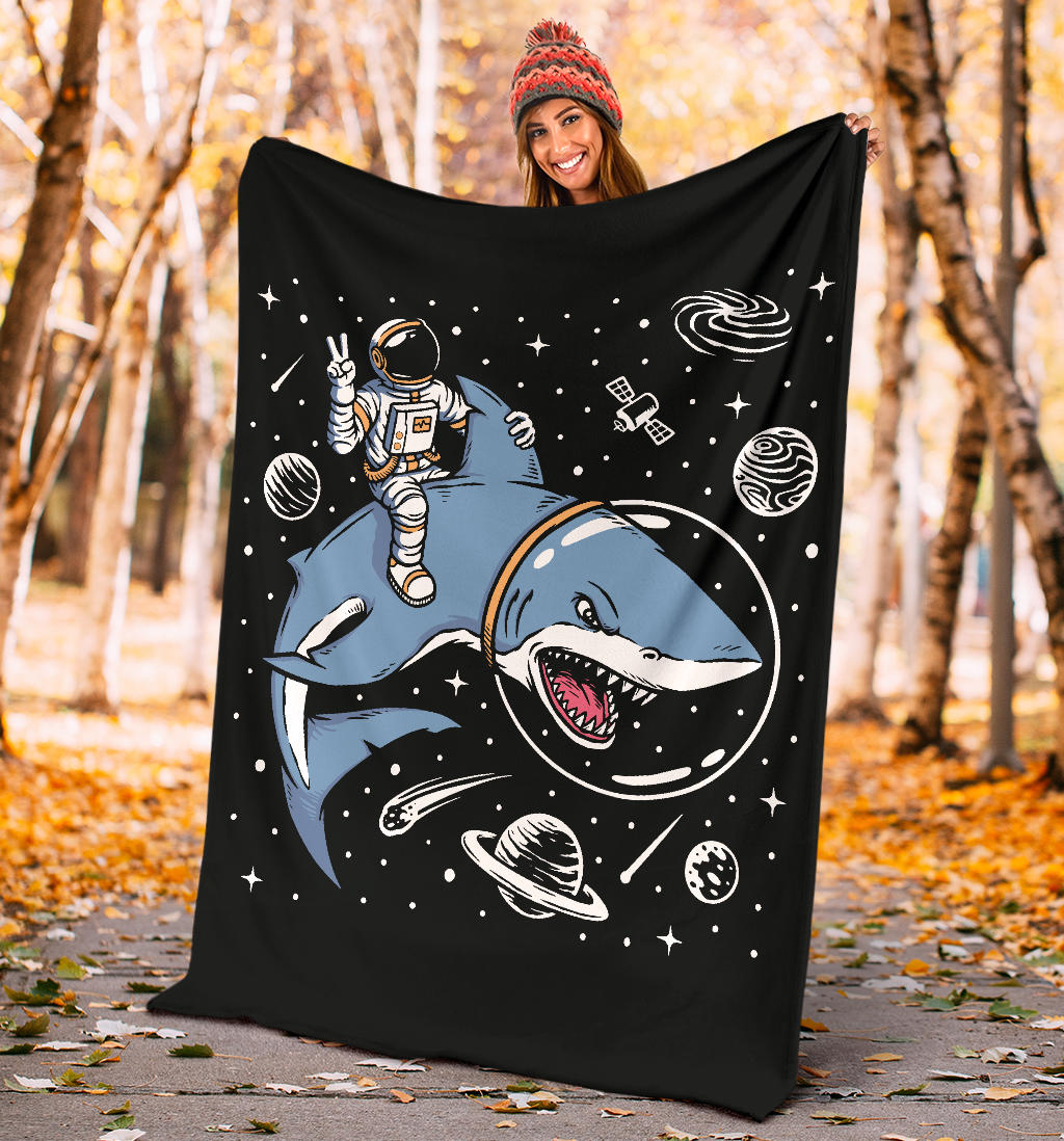 Astronaut Riding A Shark Premium Blanket, Cool Space Cartoon Drawing