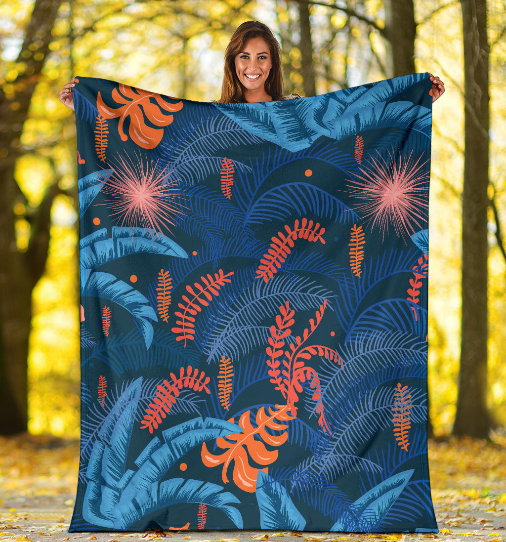 Blue Jungle Leaves Pattern Premium Blanket